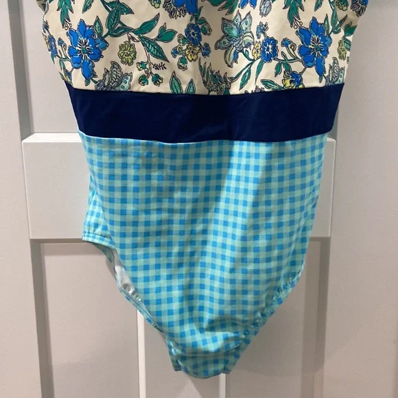 EUC Women’s Lands End One-Piece Blue Floral Gingham Check Swim Bathing Suit 18W - Picture 3 of 9